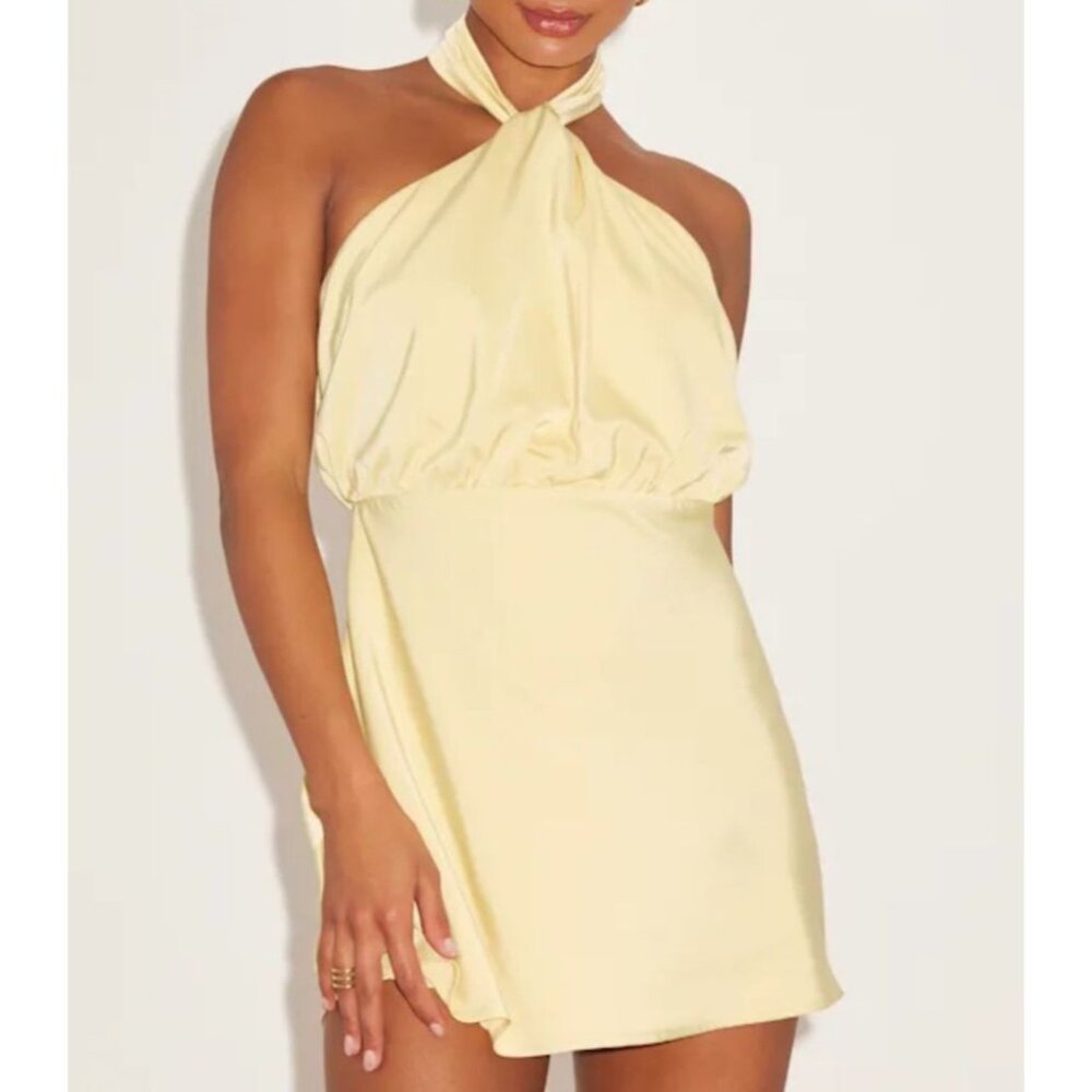 Lulu's Sleek Essence Yellow Halter Neck Satin Mini Dress Medium